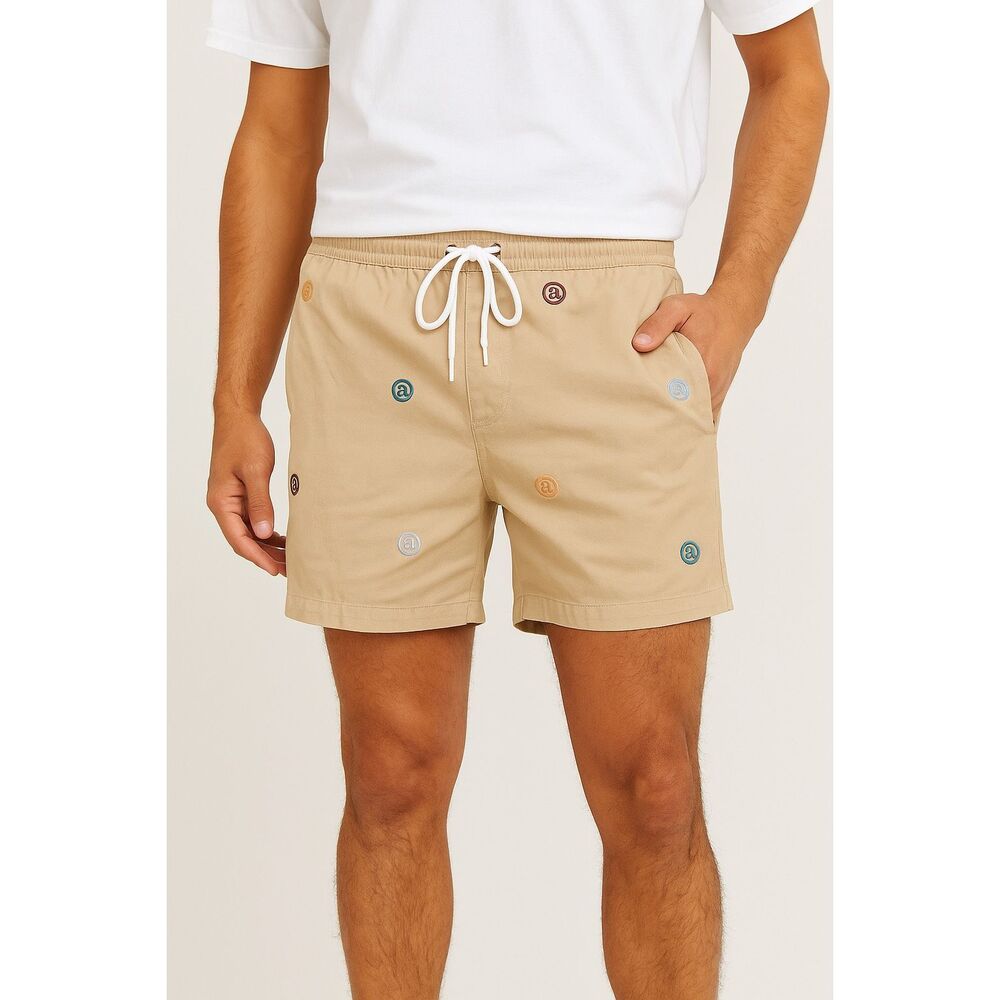 PacSun‎ Mens Khaki Twill Volley Shorts Embroidered Smiley Faces Sz XL